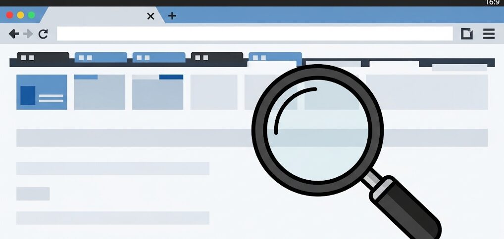 PCのディスク100%を解消するため、ブラウザやスタートアップを見直す様子を表現したフラットイラスト。ブラウザのタブと拡大鏡で確認するイメージです。