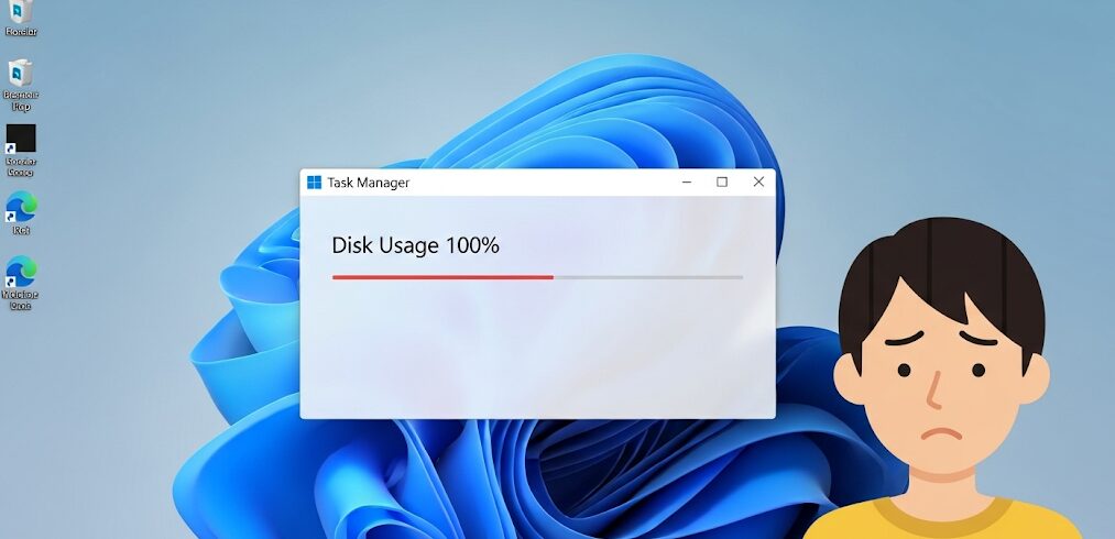 Windows 11でディスク100%が治らず困っている日本のユーザーのフラットイラスト。タスクマネージャーに「Disk Usage 100%」と表示されています。