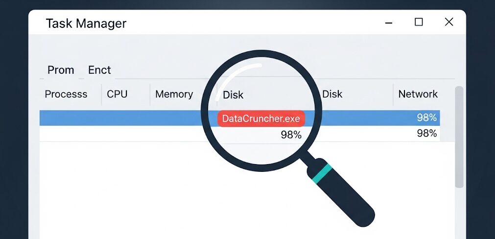 タスクマネージャーでディスク使用率が高いプロセスを特定する様子のフラットイラスト。PCディスク100問題の原因究明方法。