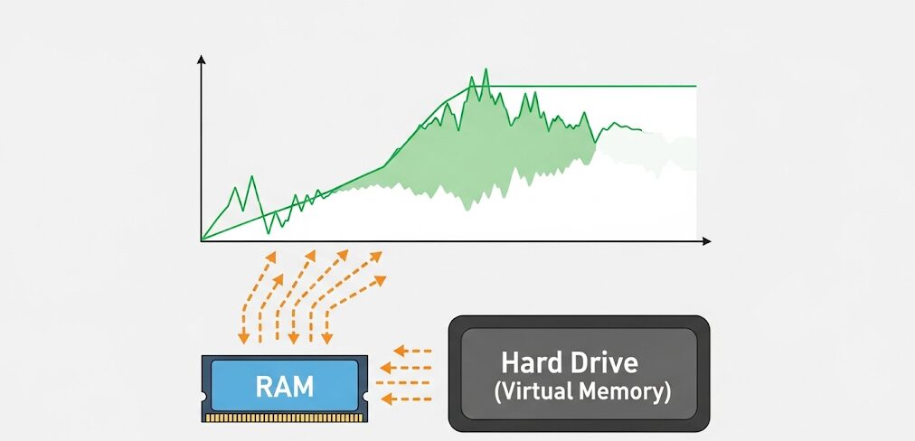 RAMから仮想メモリへデータ転送しPC負荷を軽減する仕組みのフラットイラスト。ディスク100問題の対策となる仮想メモリ設定を表す。