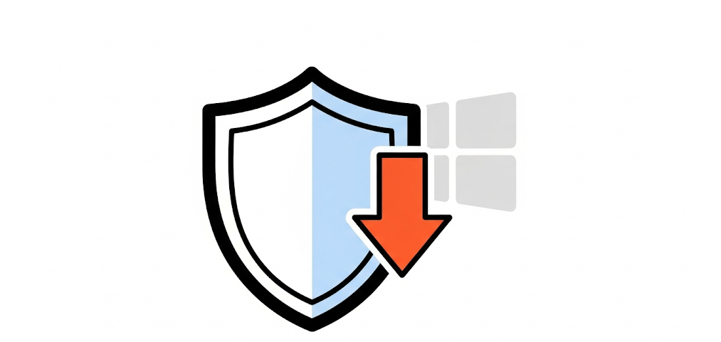 盾でWindows Updateをブロックしているフラットイラスト。不要な更新を止めPCディスク100%の問題を回避する方法。