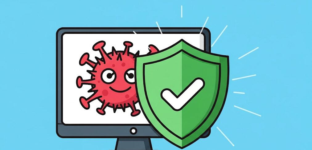 PC画面上のウイルスを盾で防ぐフラットイラスト。マルウェアが原因で起こるPCディスク100問題の解決策を示す。