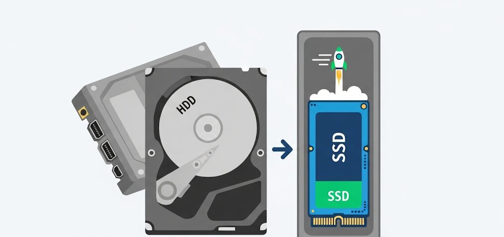 古いHDDを高速なSSDに交換しPCを高速化する様子のフラットイラスト。ディスク100問題を根本から解決するSSD換装。