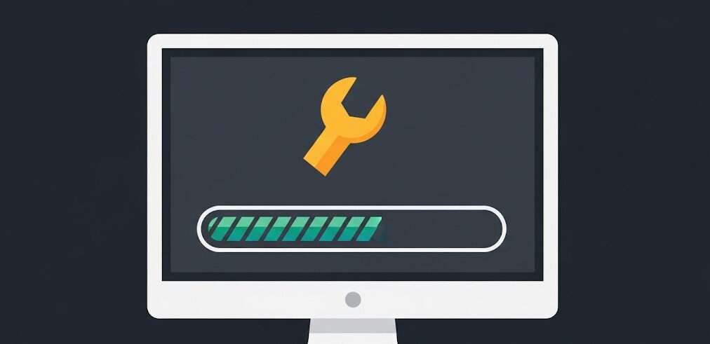PCのディスク100%問題を解決するために、chkdskコマンドでシステムを修復しているパソコンの画面。ツールアイコンと進行状況バーが表示されています。