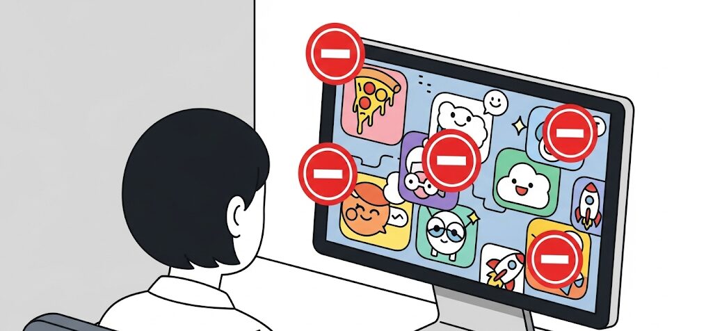 PCのディスク100%問題を改善するため、不要なソフトやプロセスを停止している日本のユーザーのフラットイラスト。画面には停止マークが表示されています。