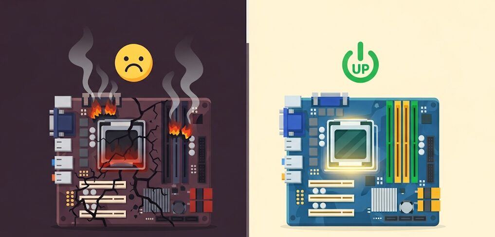 不具合のあるPCと、新しい高性能なPCのフラットイラスト。PCの起動不良や性能向上のためにPCのマザーボード交換が必要となる理由を視覚的に説明。
