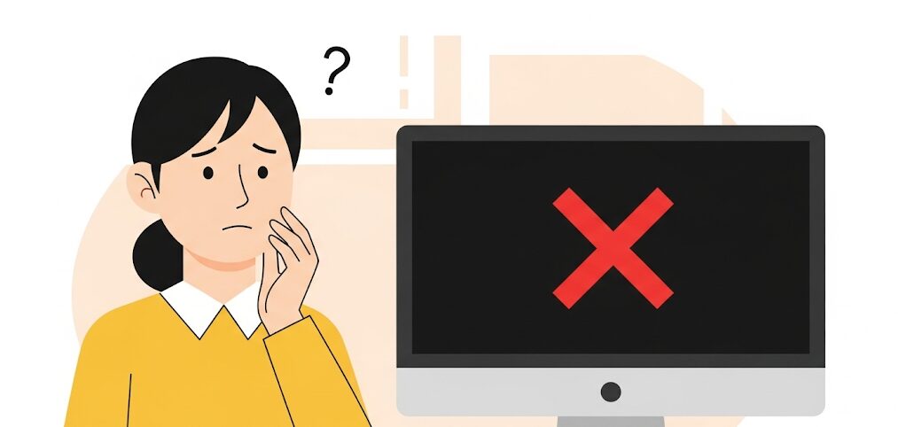 PCマザーボード交換後にOSが起動しないトラブルを示すイラスト。困惑した様子の日本人女性と、エラー表示のPCモニター。起動問題への不安を表現し、対処法の必要性を促します。
