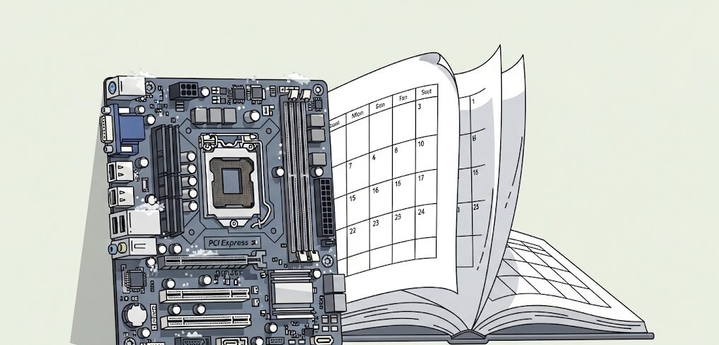 古くなったマザーボードと、それを囲むホコリや熱のイメージのフラットイラスト。PCのマザーボード寿命に影響を与える熱とホコリの重要性を示す。