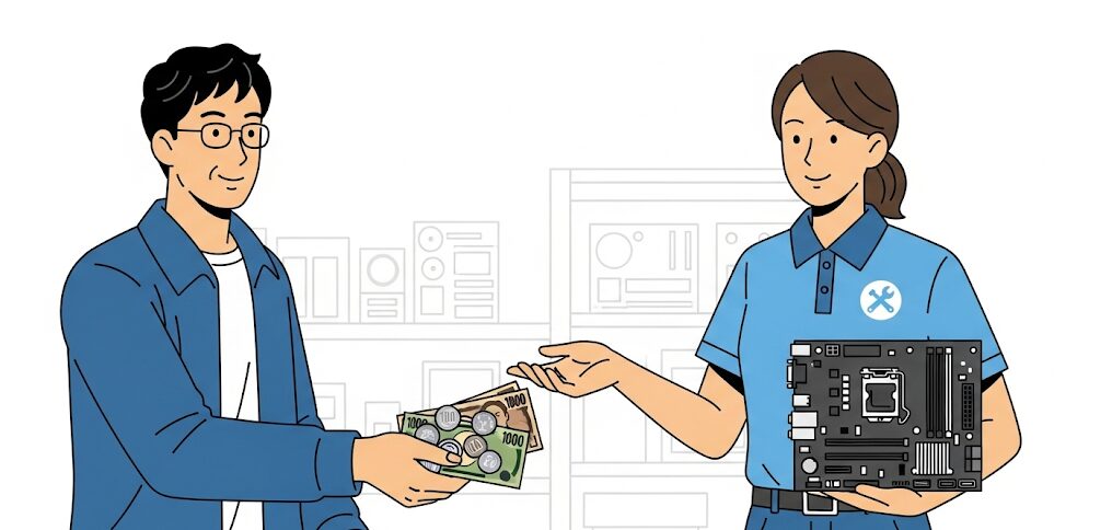 PC修理専門店のロゴと、費用に関する説明をするスタッフのフラットイラスト。PCのマザーボード交換を専門業者に依頼する際の費用と安心感を表現。
