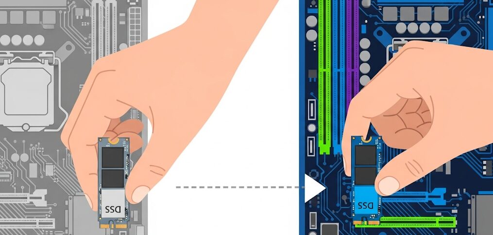SSDが新しいマザーボードに接続されているフラットイラスト。PCのマザーボード交換後もSSDがそのまま使えること、OSやデータの引き継ぎの可能性を示す。
