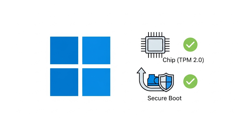 Windows 11のロゴとTPM 2.0、セキュアブートのチェックマークのフラットイラスト。PCをWindows 11にアップグレードする際に必要なマザーボードの要件を表現。
