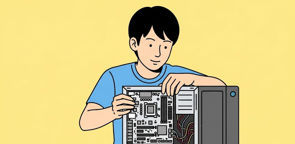 PCマザーボード交換手順のイラスト。日本人の男性がPCケースを開け、マザーボードを丁寧に取り扱う様子。PCの内部構造と交換作業のイメージが伝わるデザインで、交換作業への理解を深めます。
