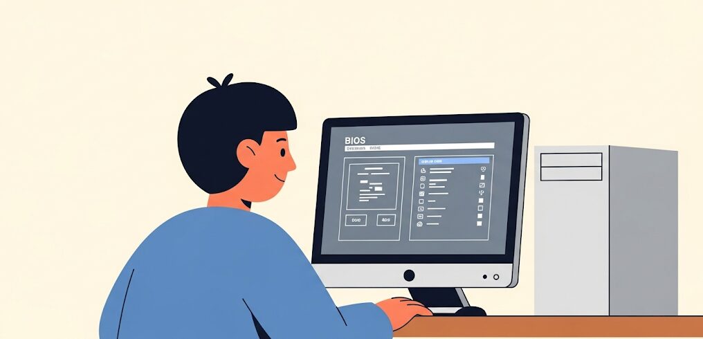 PCマザーボード交換後の初期設定を示すイラスト。日本人の男性がBIOS画面が映るPCモニターに向き合っており、交換後の重要な設定作業を視覚的に表現。PCが正常に動作するための確認ステップ。
