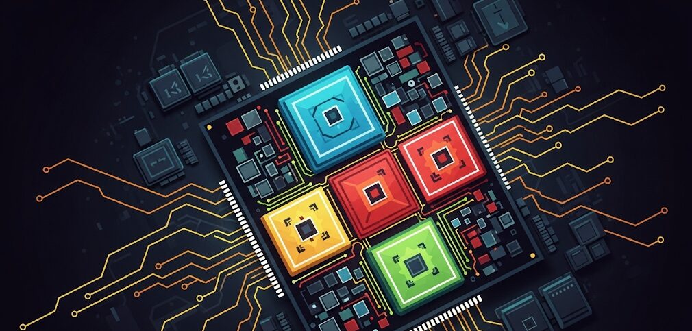 Ryzen 7 PRO 6850Hプロセッサの内部構造を抽象的に表現したフラットイラスト。複数のコアが連携して働く様子をカラフルなブロックで示唆。
