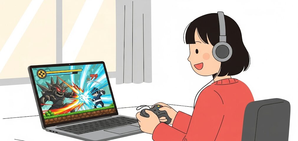 Ryzen 7 PRO 6850Hを搭載したPCでのゲーム性能を示すフラットイラスト。女性がノートPCでゲームをプレイしており、画面には戦闘シーンが描かれています。
