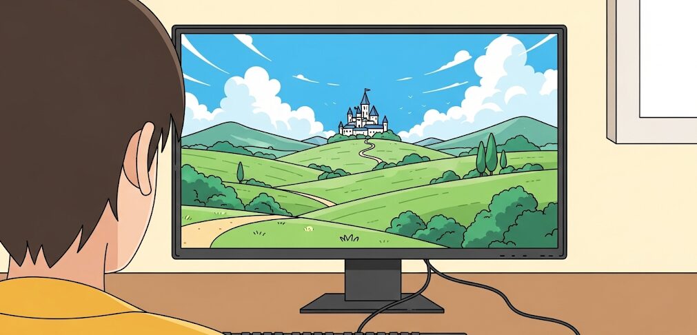 Ryzen 7 PRO 6850Hで人気ゲーム「原神」を快適にプレイする様子を示すフラットイラスト。男性がデスクトップPCのモニターで原神の美しい風景を鑑賞しています。
