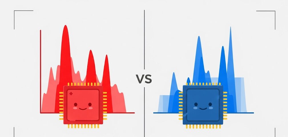 Ryzen 7 PRO 6850HとIntel Core i7など競合CPUの性能を比較する様子を表すフラットイラスト。CPUを擬人化した2体のロボットが並んでおり、それぞれのロゴが描かれています。
