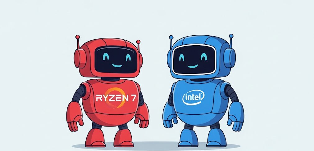 Ryzen 7 PRO 6850HがIntelのCPUとどのクラスに相当するかを示すフラットイラスト。赤色のRyzen CPUと青色のIntel CPUが対等に並び、比較対象であることを示唆しています。
