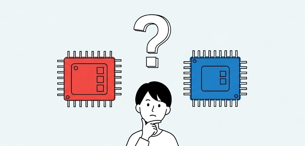 Ryzen 7 PRO 6850HとCore i7のどちらを選ぶべきか悩む男性のフラットイラスト。頭上に疑問符があり、赤色のRyzen CPUと青色のIntel CPUが対比されています。
