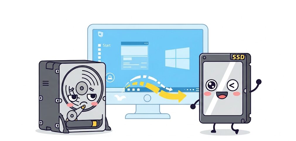 Windows 10のHDDからSSDへの無料クローンを表現したフラットイラスト。HDDからSSDへの移行でPCを高速化する。