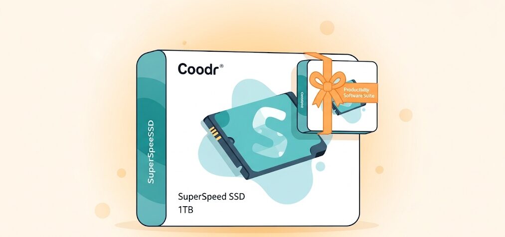 キオクシア製SSDに付属する無料のデータ移行ソフトのパッケージとSSDを示すフラットイラスト。付属ソフトも選択肢として活用できる。