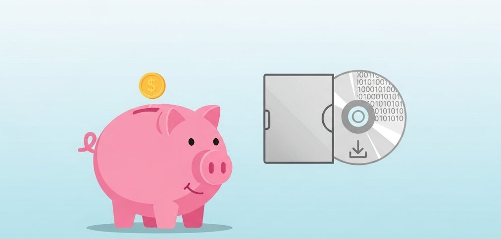 豚の貯金箱と、データダウンロードのアイコンが描かれたクローンソフトのイメージ。SSDクローンソフト無料版の費用に関するユーザーの疑問に答えます。