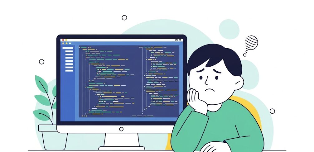 黒い画面に白い文字が並ぶモニターを前に、困惑した表情の日本人男性。Clonezillaのような無料SSDクローンソフトの複雑さを表現。