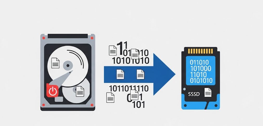 HDDからSSDへデータが移行する様子を示すイラスト。無料でHDDをSSDに丸ごとクローンする際のデータ移行イメージです。